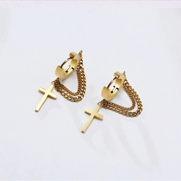 Stainless Steel Cross Double Chain Huggie Hoops Earring Pair for Mens Earrings - Picture 3 of 7